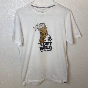 Small, white Volcom Hawaii GET WILD shirt.